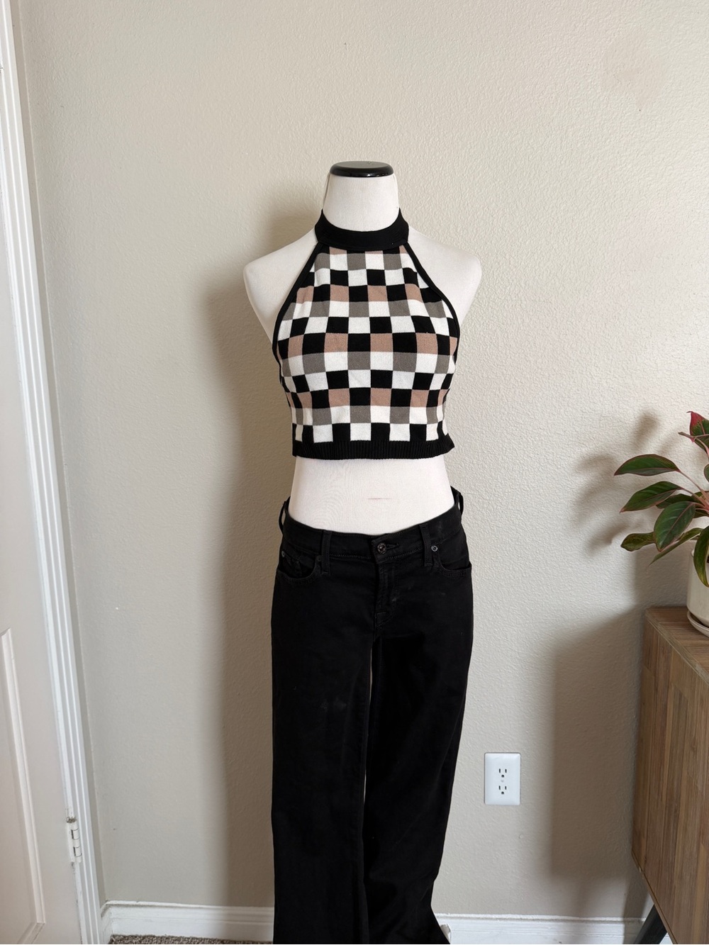debut Black, White & Tan Checker Halter Crop Top